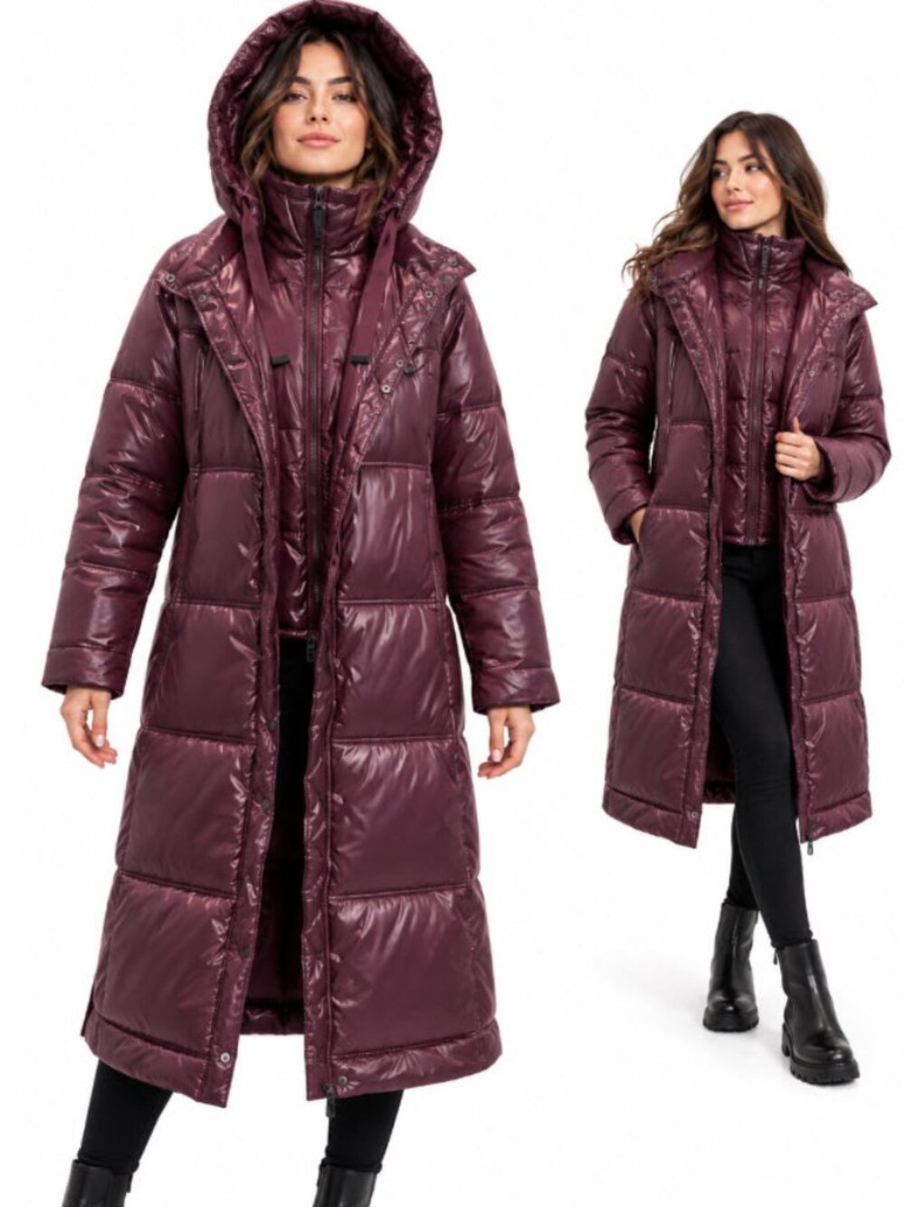 Anthropologie Avec Les Filles Deep Plum Long Hooded Puffer Coat Small Two Zipper